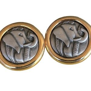 Vintage Signed DARLENE Gold/Silver Tone LUCKY ELEPHANT Pierced Earrings-Trunk Up